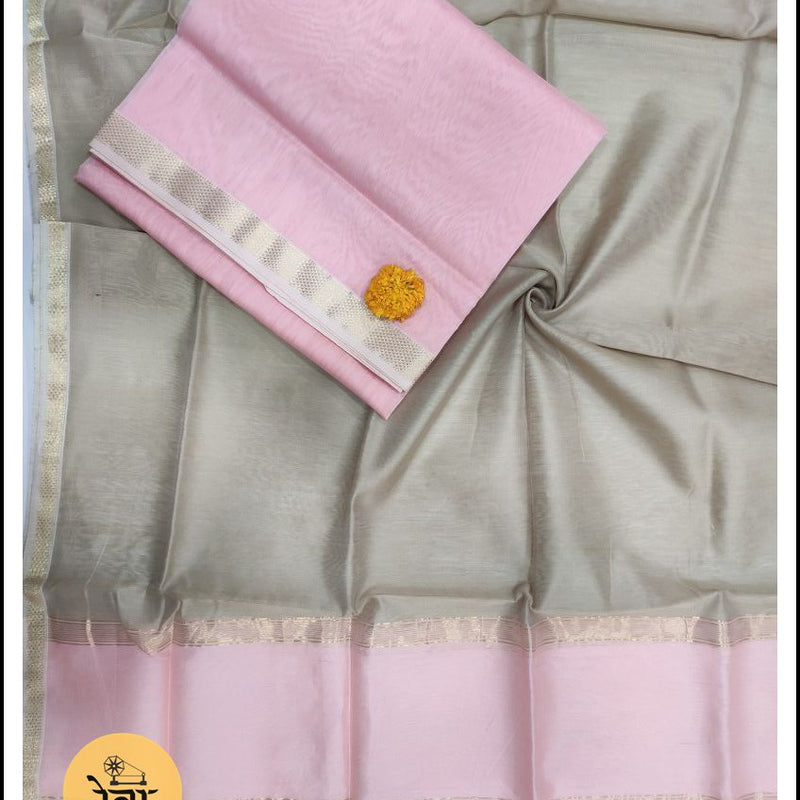 Maheshwari Pink-Grey Zari Border Dress Material