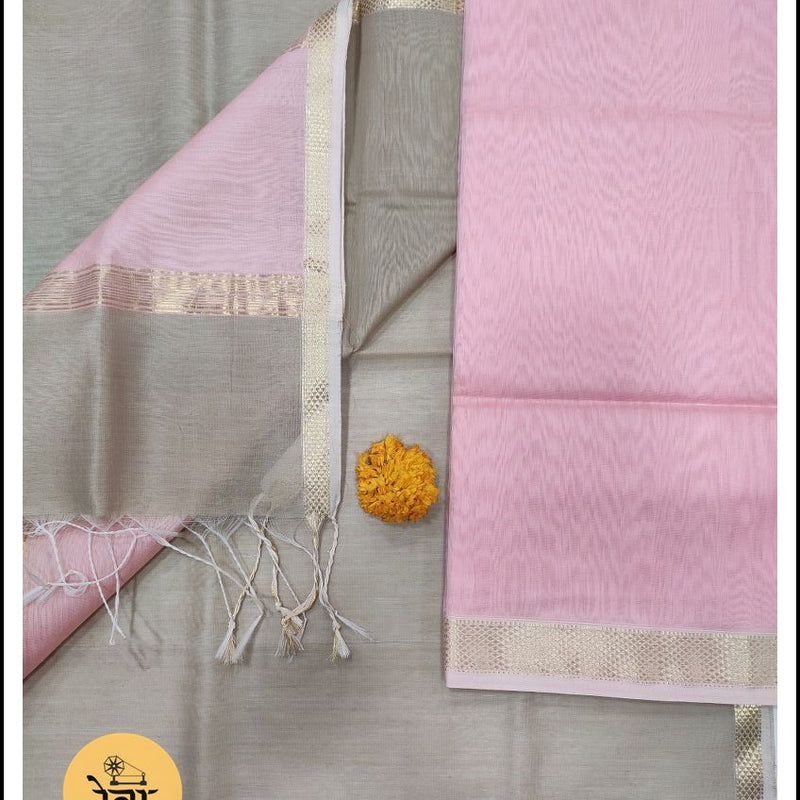 Maheshwari Pink-Grey Zari Border Dress Material