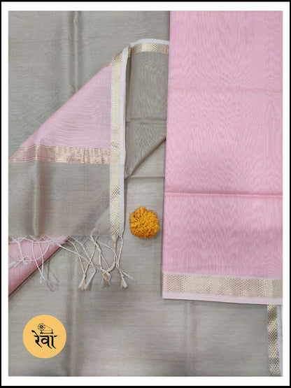 Maheshwari Pink-Grey Zari Border Dress Material