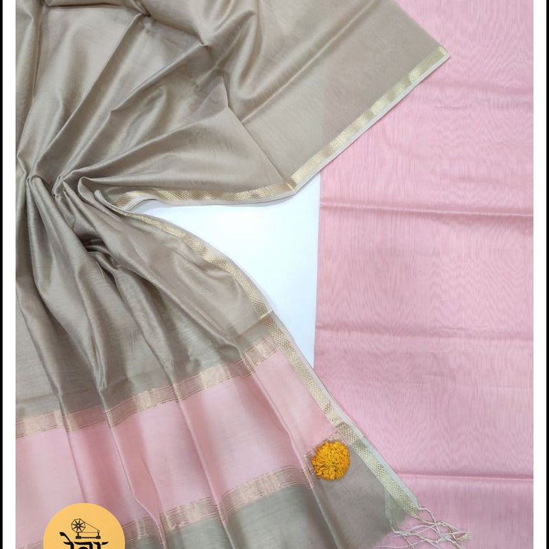 Maheshwari Pink-Grey Zari Border Dress Material