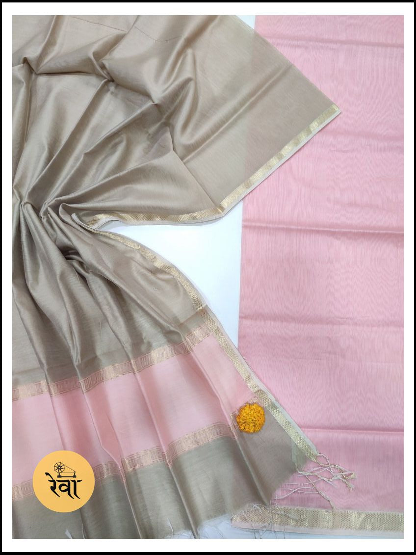 Maheshwari Pink-Grey Zari Border Dress Material