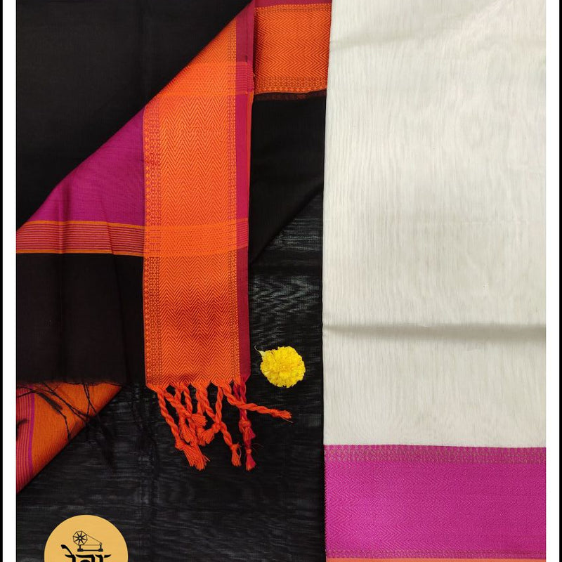 Maheshwari White-Black Multicolour Dress Material