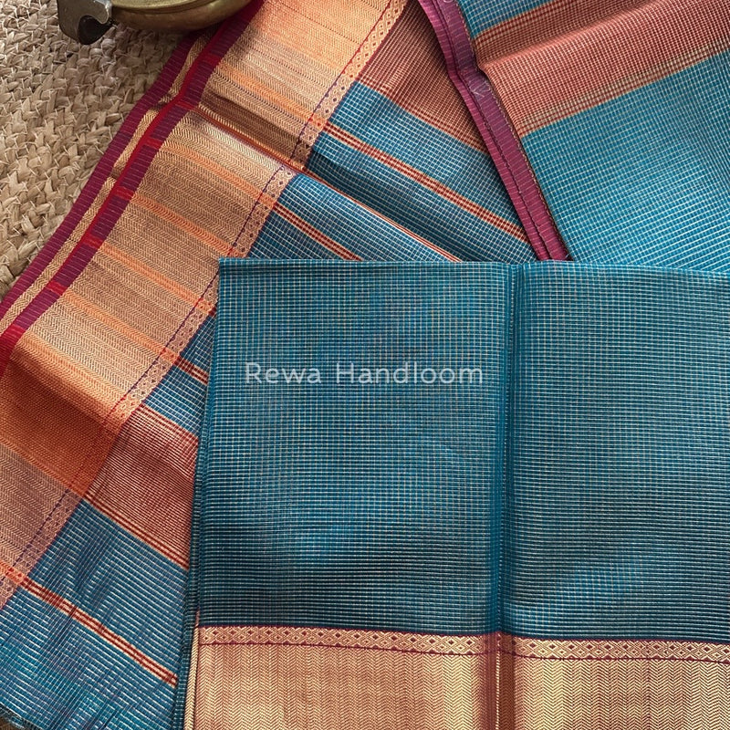 Exclusive Maheshwari Teal Blue Tissue Silk Saree ZTS085