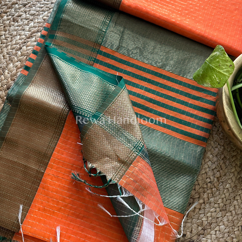 Maheshwari Orange Zari Checkered Sarees-ZCHX028