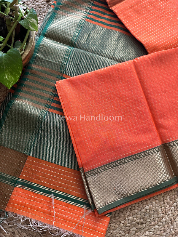 Maheshwari Orange Zari Checkered Sarees-ZCHX028