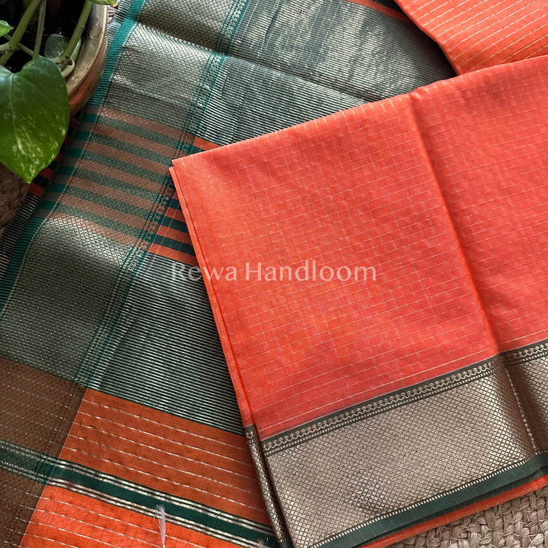 Maheshwari Orange Zari Checkered Sarees-ZCHX028