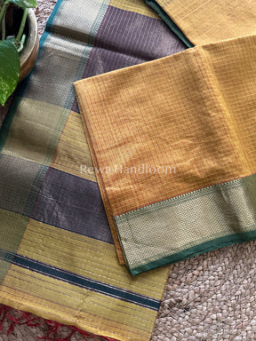 Maheshwari Golden Green Zari Checkered Sarees-ZCHX036