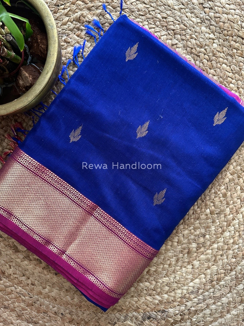 Dark Royal Blue Butta Pallu Zari Border Saree ~ Maheshwari Saree BTPS011