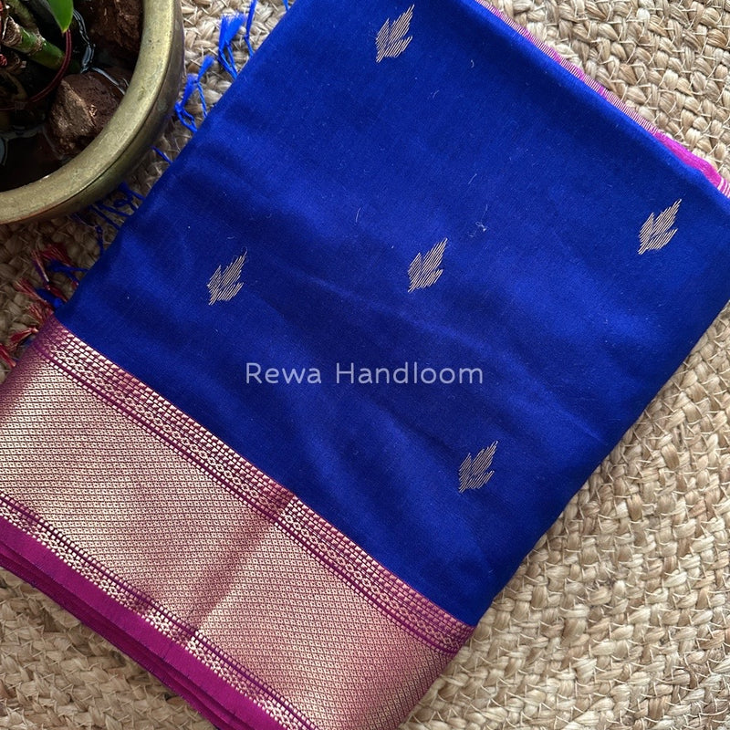 Dark Royal Blue Butta Pallu Zari Border Saree ~ Maheshwari Saree BTPS011
