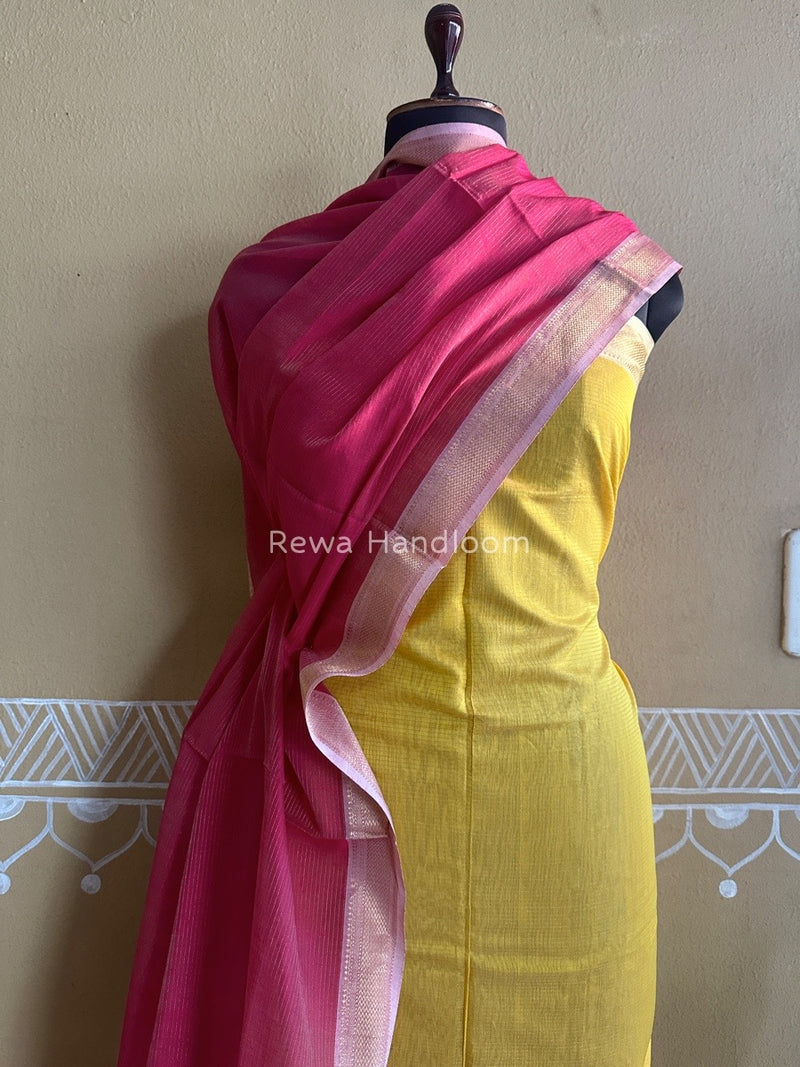 Maheshwari Yellow-Rani Pink Tissue Top-Dupatta TTP010