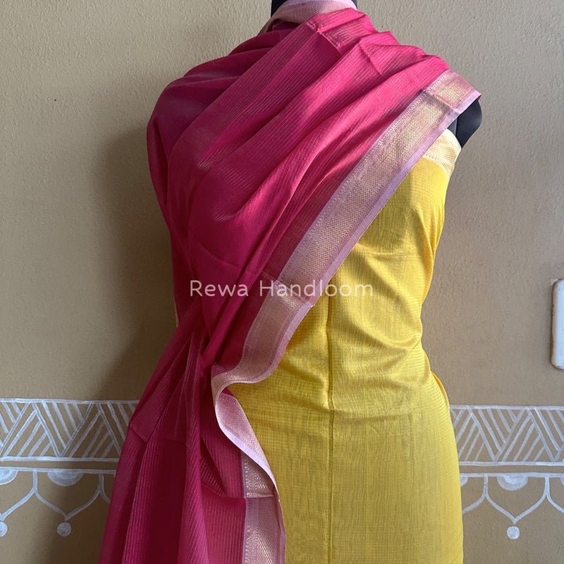 Maheshwari Yellow-Rani Pink Tissue Top-Dupatta TTP010