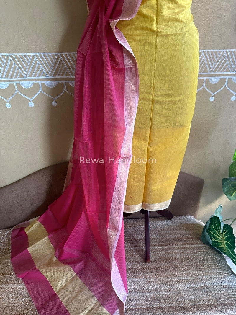 Maheshwari Yellow-Rani Pink Tissue Top-Dupatta TTP010