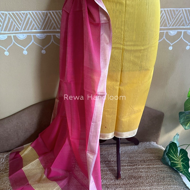 Maheshwari Yellow-Rani Pink Tissue Top-Dupatta TTP010