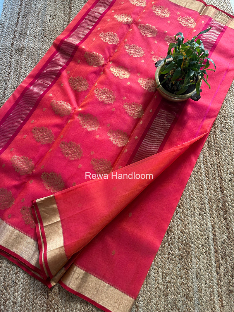 Carrot Red Chanderi Butta Katan Silk Saree CKBS01