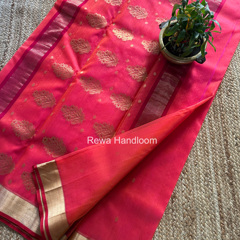 Carrot Red Chanderi Butta Katan Silk Saree CKBS01
