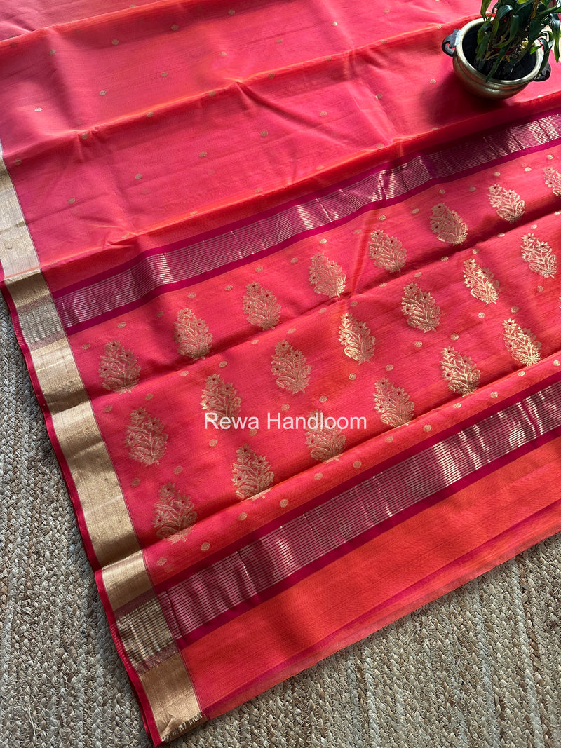 Carrot Red Chanderi Butta Katan Silk Saree CKBS01