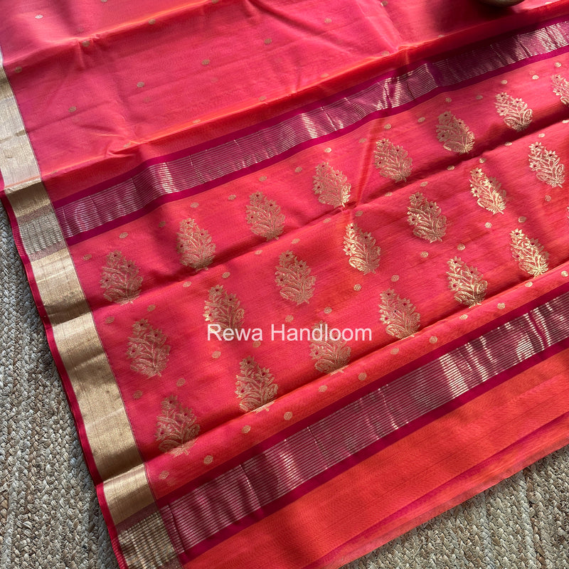 Carrot Red Chanderi Butta Katan Silk Saree CKBS01
