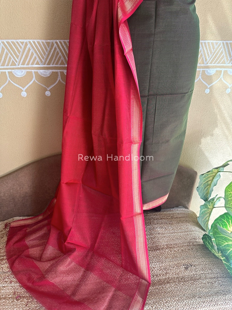 Maheshwari Green-Red Tissue Top-Dupatta TTP019