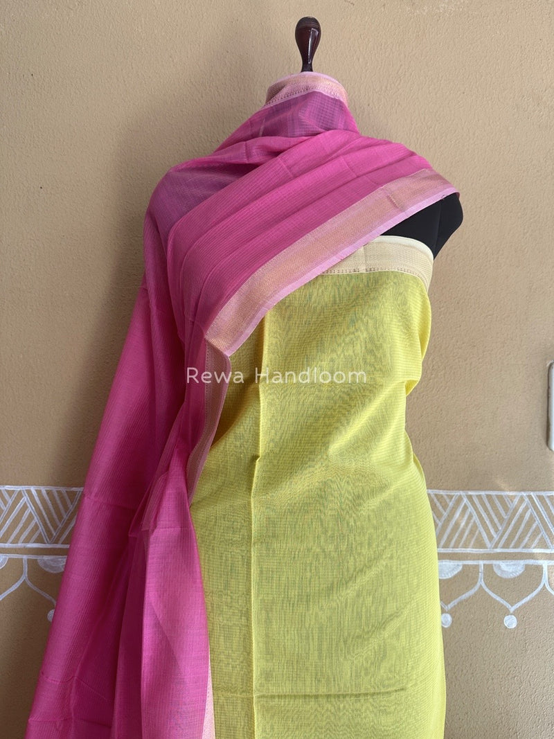 Maheshwari Lemon Yellow-Pink Tissue Top-Dupatta TTP01
