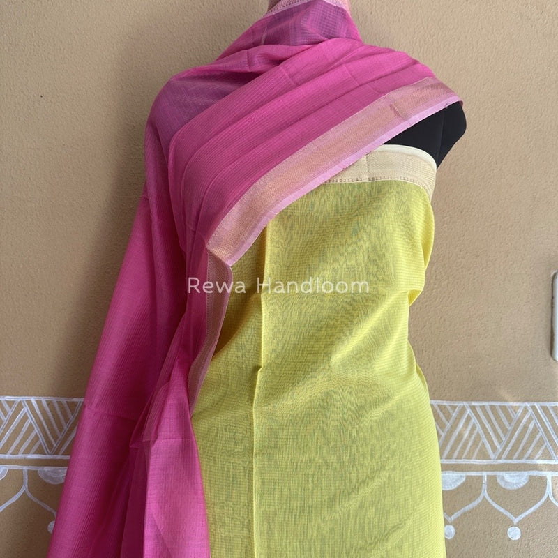 Maheshwari Lemon Yellow-Pink Tissue Top-Dupatta TTP01