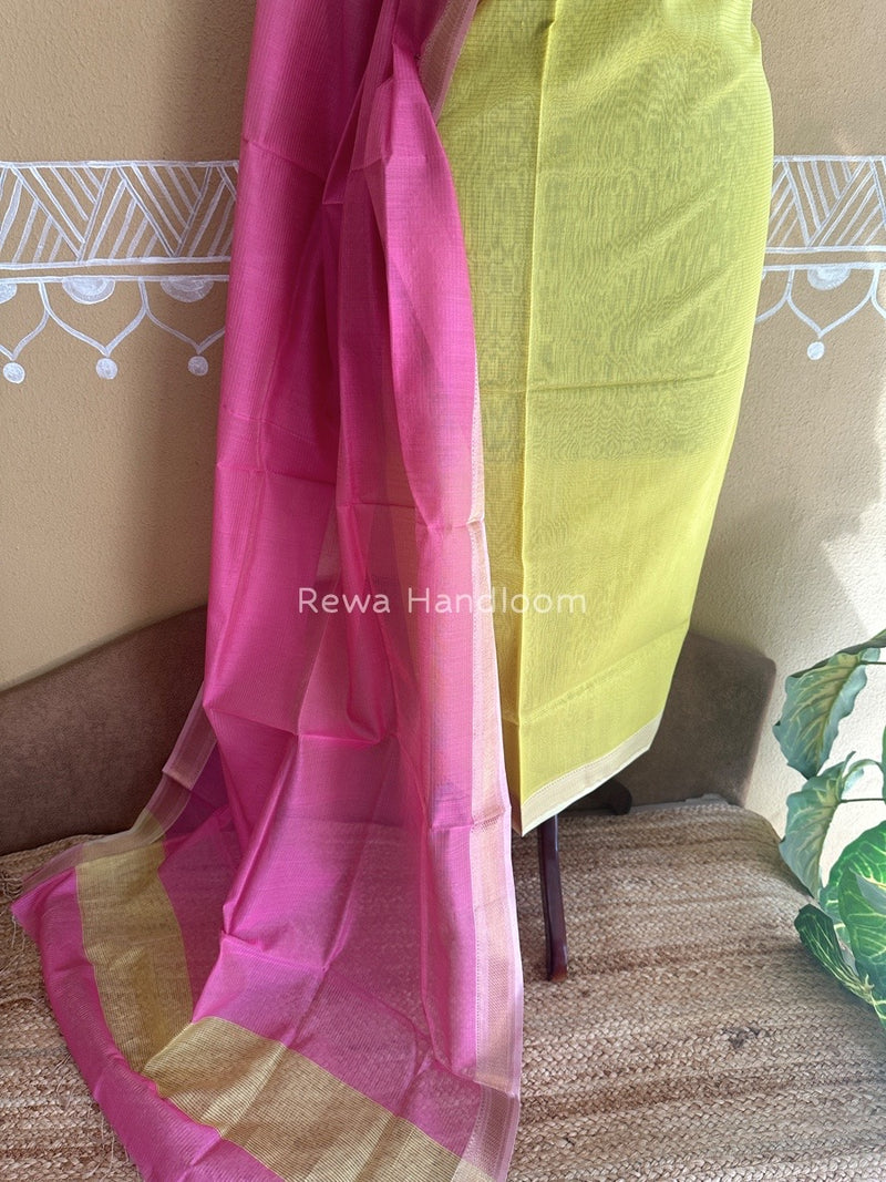 Maheshwari Lemon Yellow-Pink Tissue Top-Dupatta TTP01