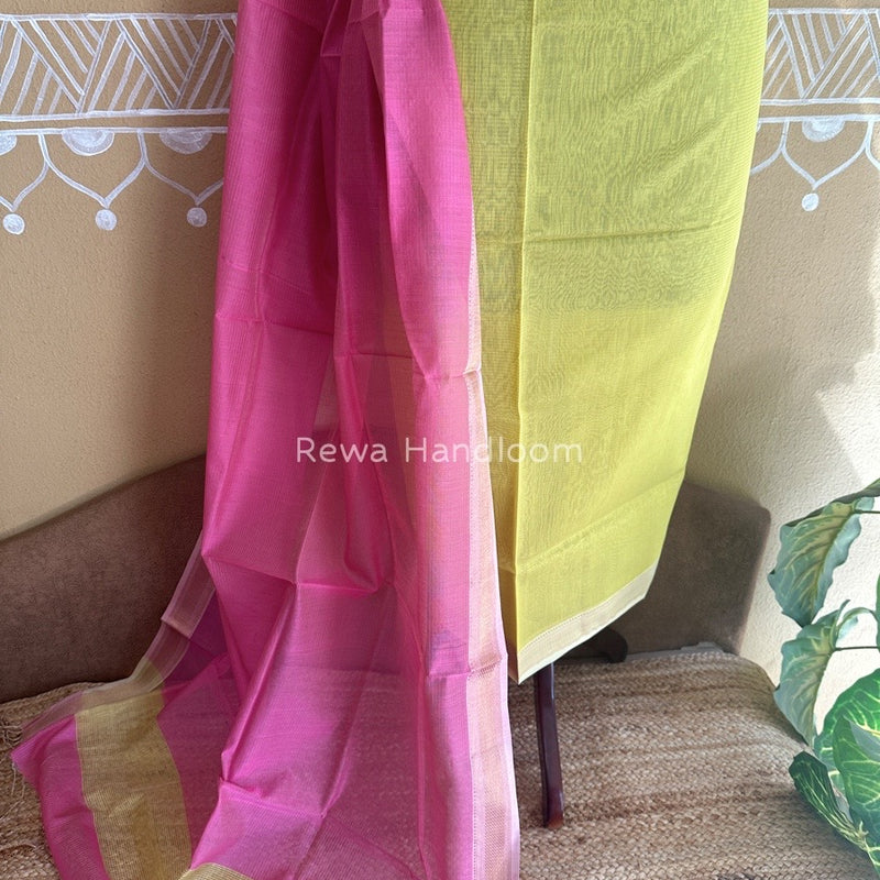 Maheshwari Lemon Yellow-Pink Tissue Top-Dupatta TTP01