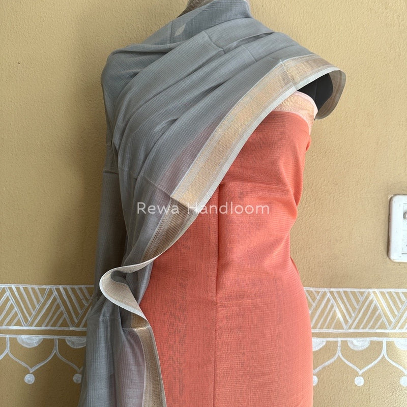 Maheshwari Peach-Grey Tissue Top-Dupatta TTP08