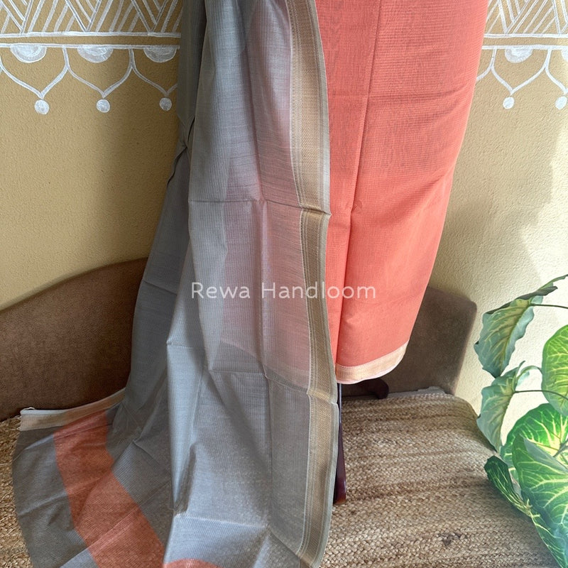 Maheshwari Peach-Grey Tissue Top-Dupatta TTP08
