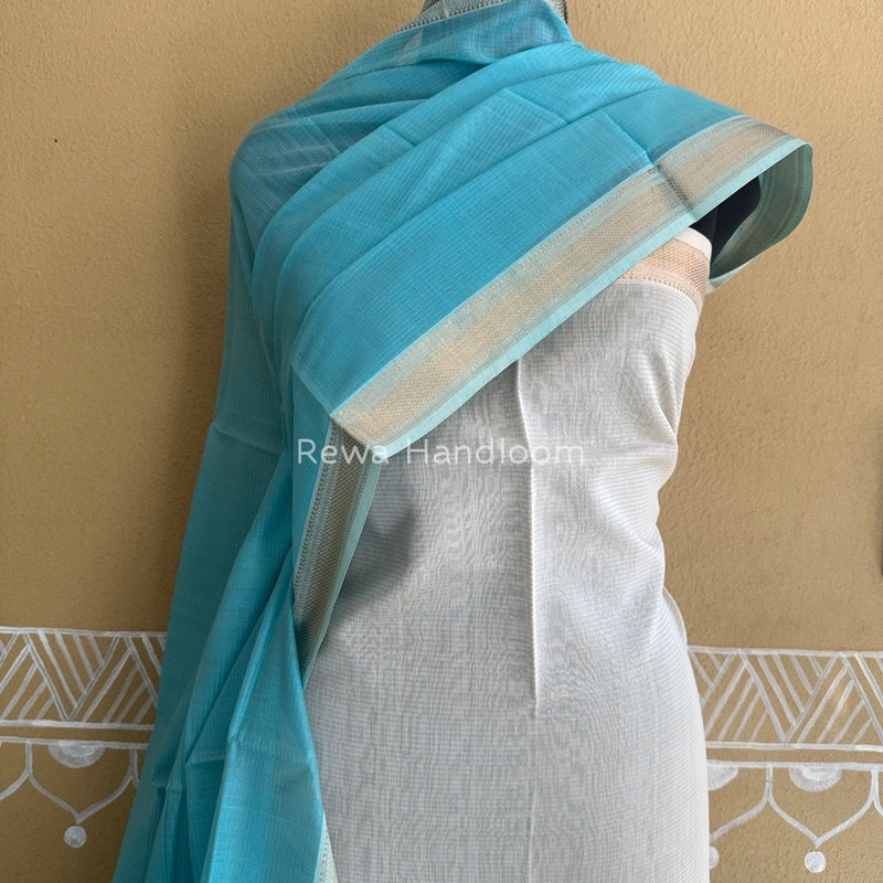 Maheshwari Off White-Sky Blue Tissue Top-Dupatta TTP03 
