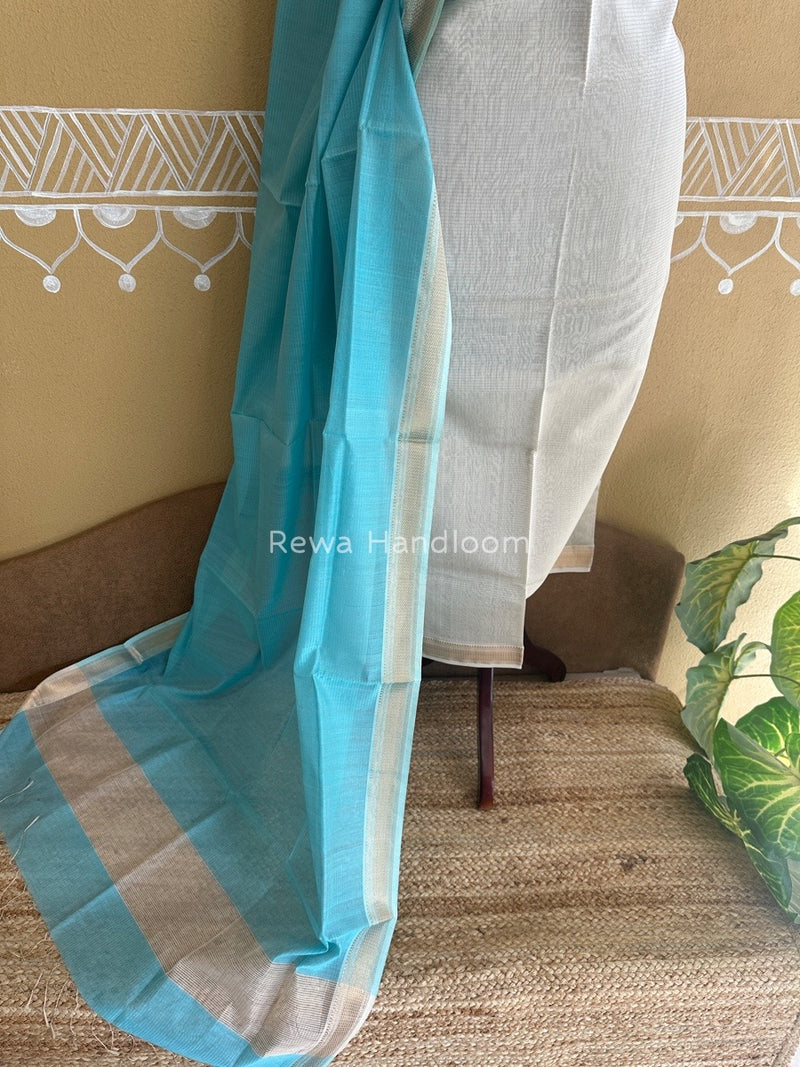 Maheshwari Off White-Sky Blue Tissue Top-Dupatta TTP03 