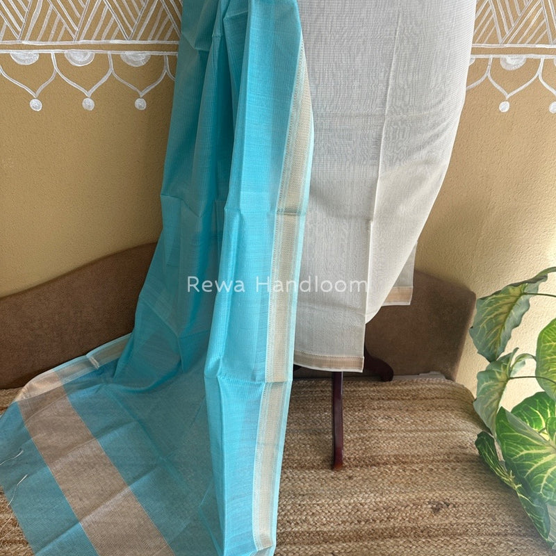 Maheshwari Off White-Sky Blue Tissue Top-Dupatta TTP03 