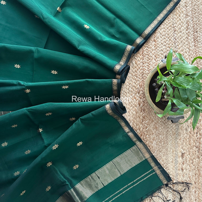 Bottle Green Star Butti Maheshwari Saree SSB032