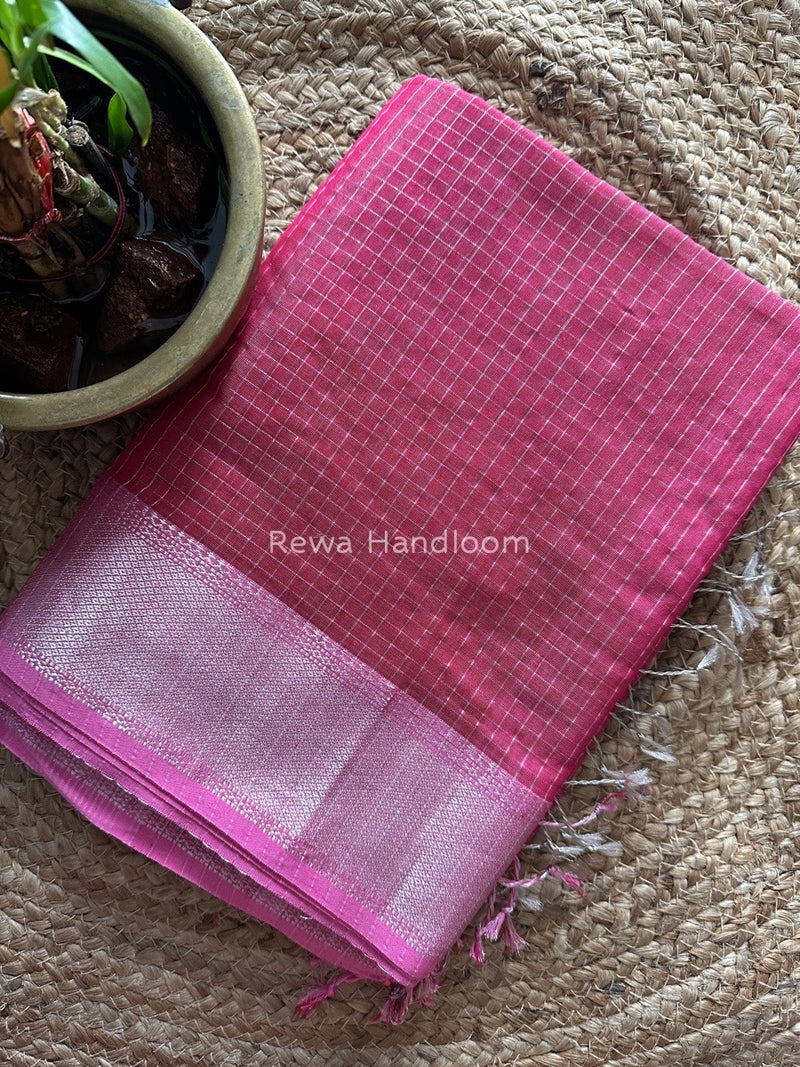 Maheshwari Pink Silver Zari Checks Silk Saree SZ067