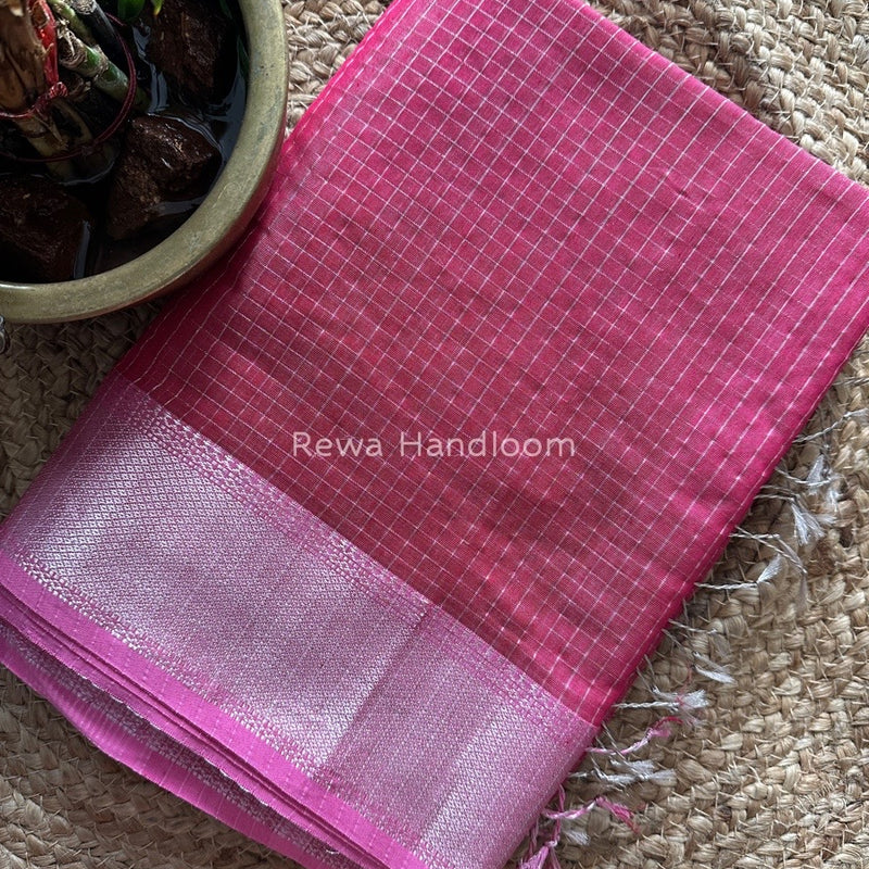 Maheshwari Pink Silver Zari Checks Silk Saree SZ067