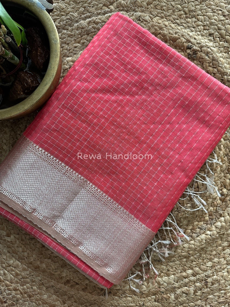 Maheshwari Fuchsia Silver Zari Checks Silk Saree SZ066