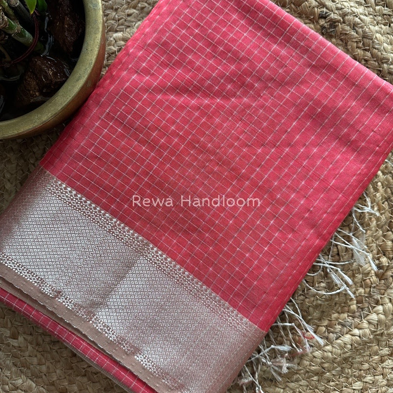 Maheshwari Fuchsia Silver Zari Checks Silk Saree SZ066