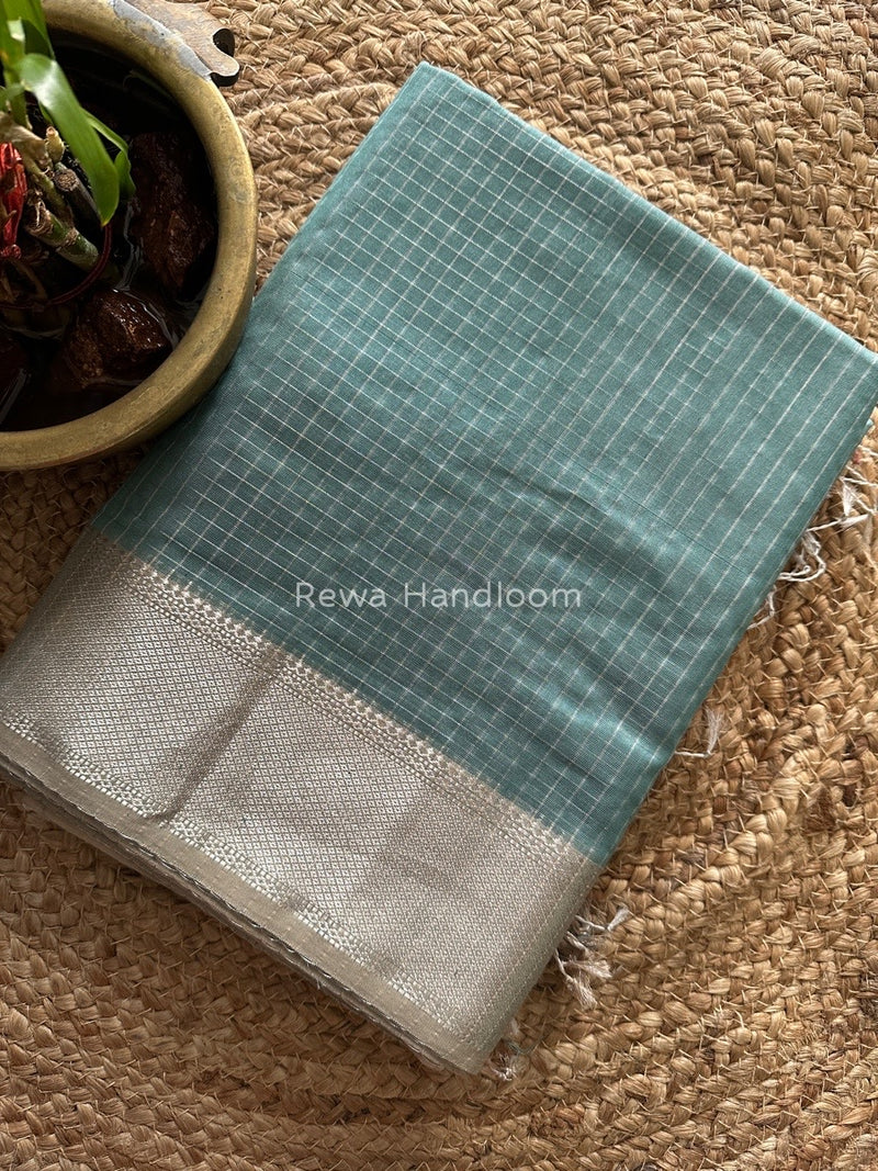 Maheshwari Teal Green Silver Zari Checks Silk Saree SZ062