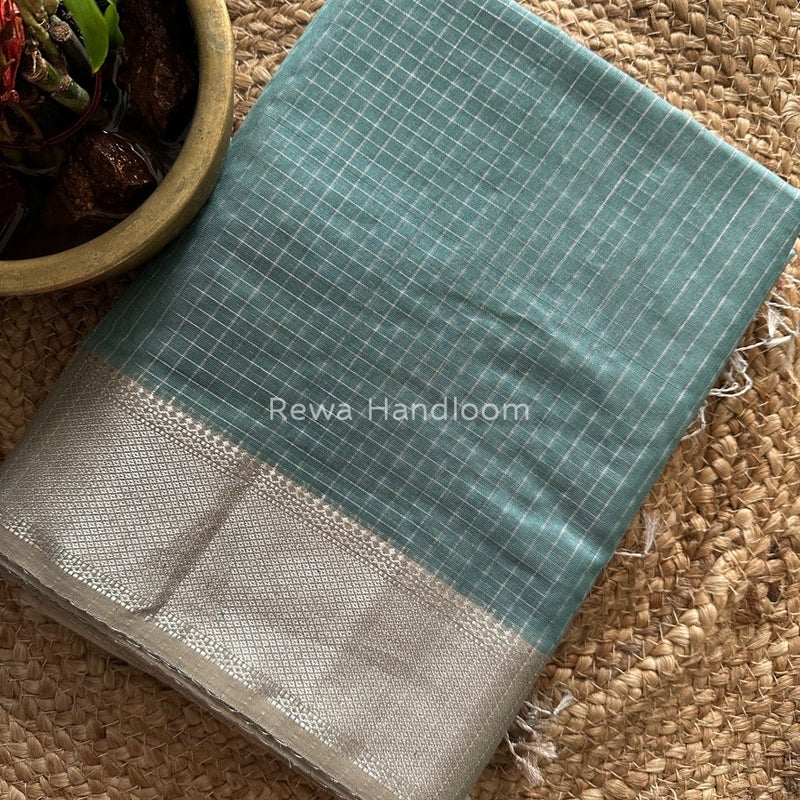 Maheshwari Teal Green Silver Zari Checks Silk Saree SZ062