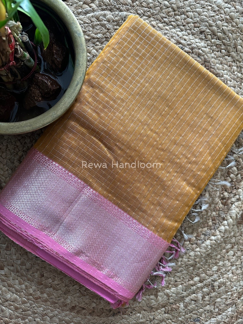 Maheshwari Mustard Yellow Silver Zari Checks Silk Saree SZ063