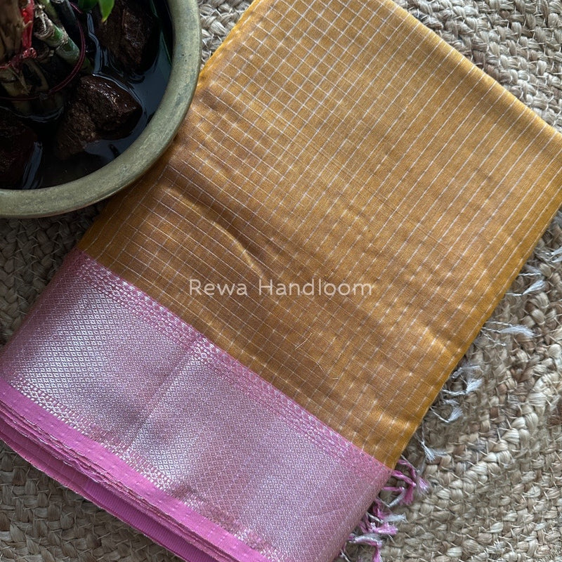 Maheshwari Mustard Yellow Silver Zari Checks Silk Saree SZ063