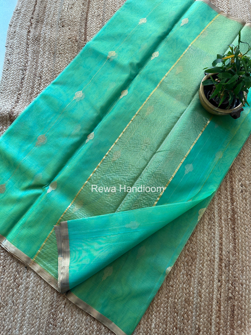 Aqua Green Chanderi Jhumka Butti Katan Silk Saree CJBS03