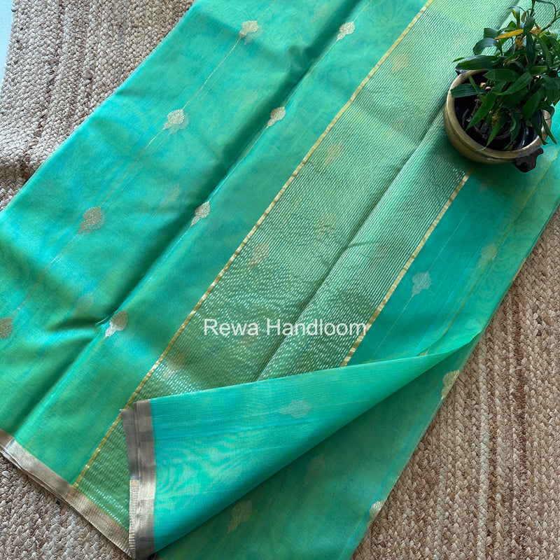 Aqua Green Chanderi Jhumka Butti Katan Silk Saree CJBS03