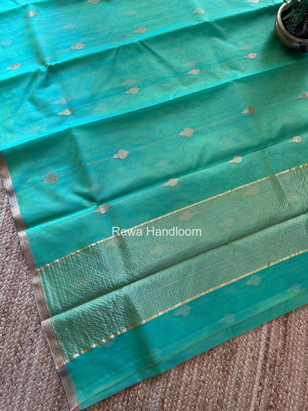 Aqua Green Chanderi Jhumka Butti Katan Silk Saree CJBS03