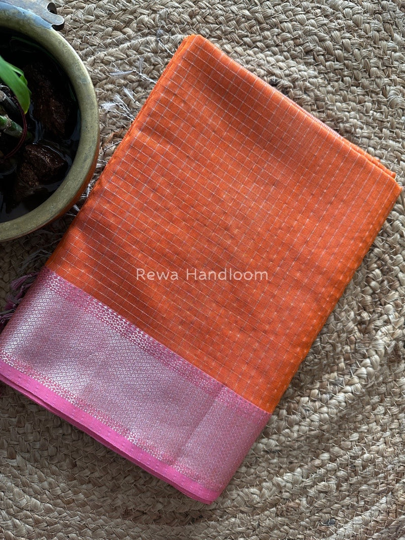 Maheshwari Orange Silver Zari Checks Silk Saree SZ061
