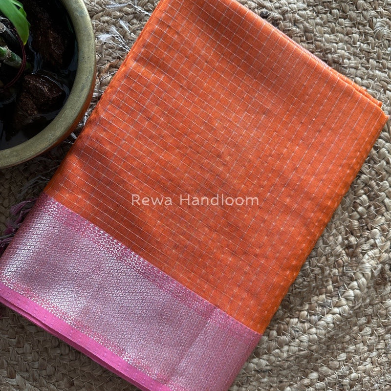 Maheshwari Orange Silver Zari Checks Silk Saree SZ061