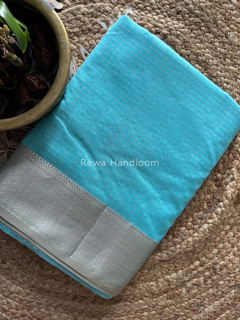 Maheshwari Sky Blue Silver Zari Checks Silk Saree SZ073