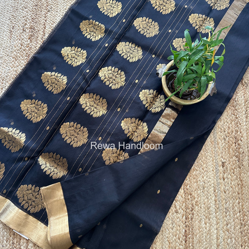 Black Chanderi Butta Katan Silk Saree CBSS03