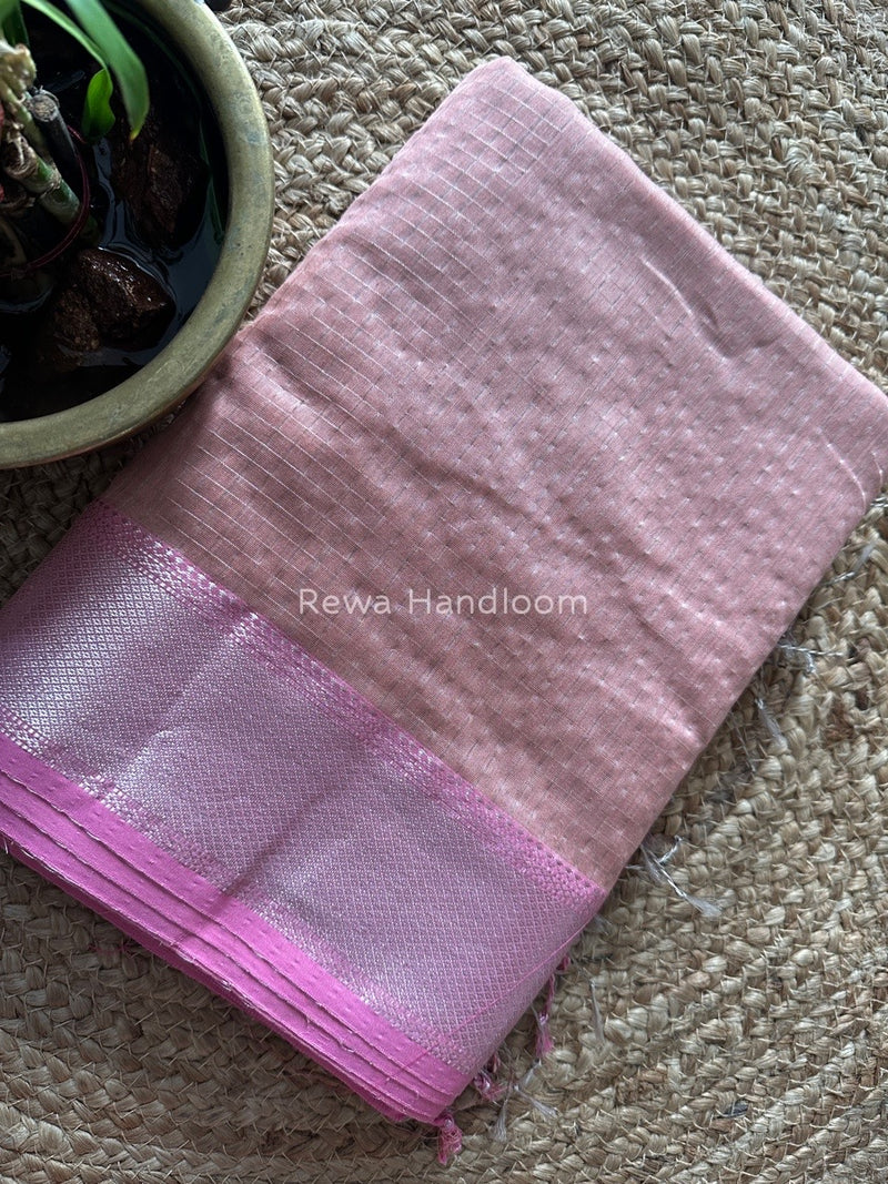 Maheshwari Pastel Pink Silver Zari Checks Silk Saree SZ069