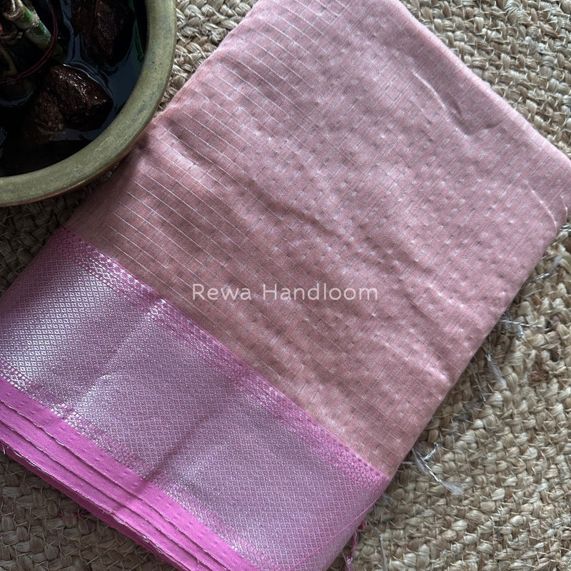 Maheshwari Pastel Pink Silver Zari Checks Silk Saree SZ069