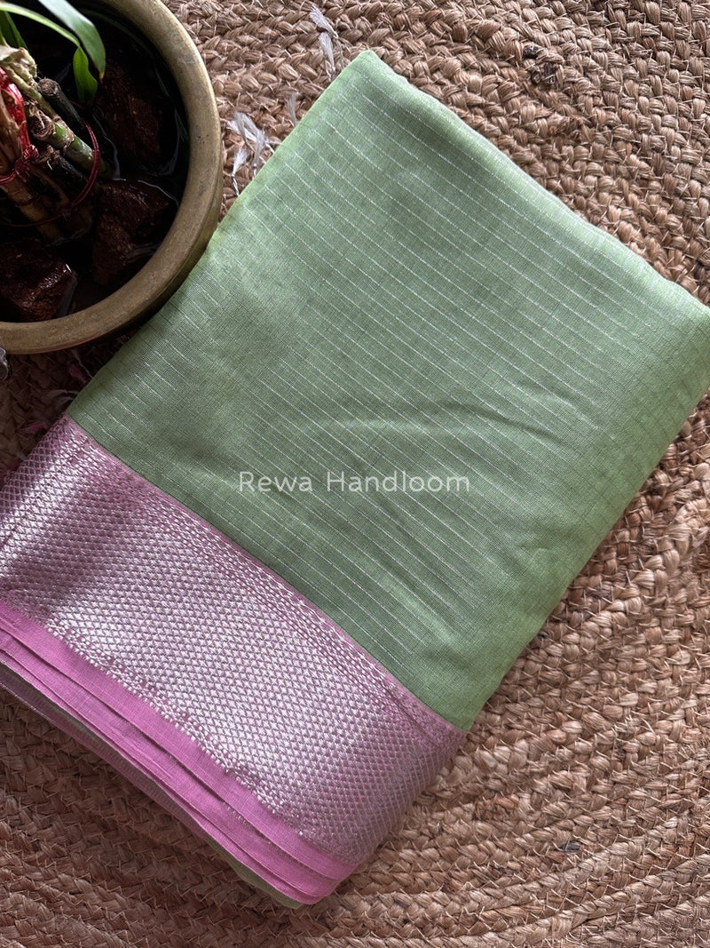 Maheshwari Pista Green Silver Zari Checks Silk Saree SZ072